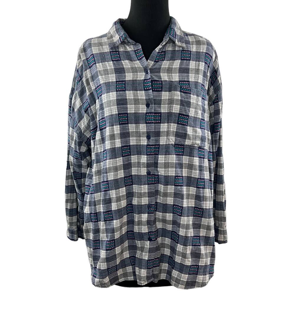 VINTAGE Futures Blue White 22W Flannel Shirt Cotton Plaid Button Up Long Sleeve